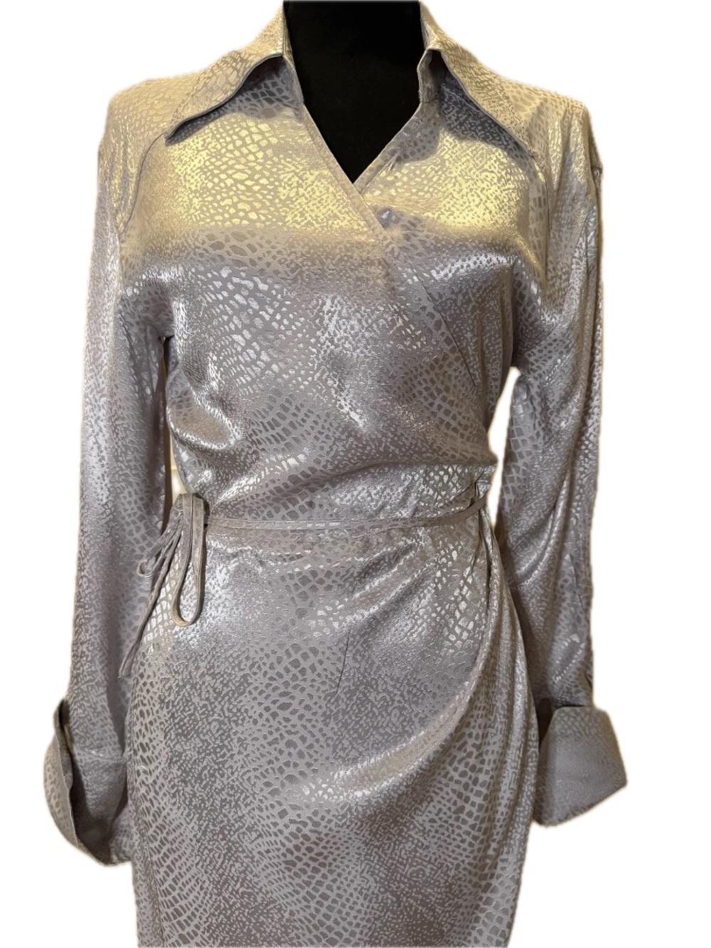 H&M Shimmery Silver Wrap Dress with Subtle Animal Texture